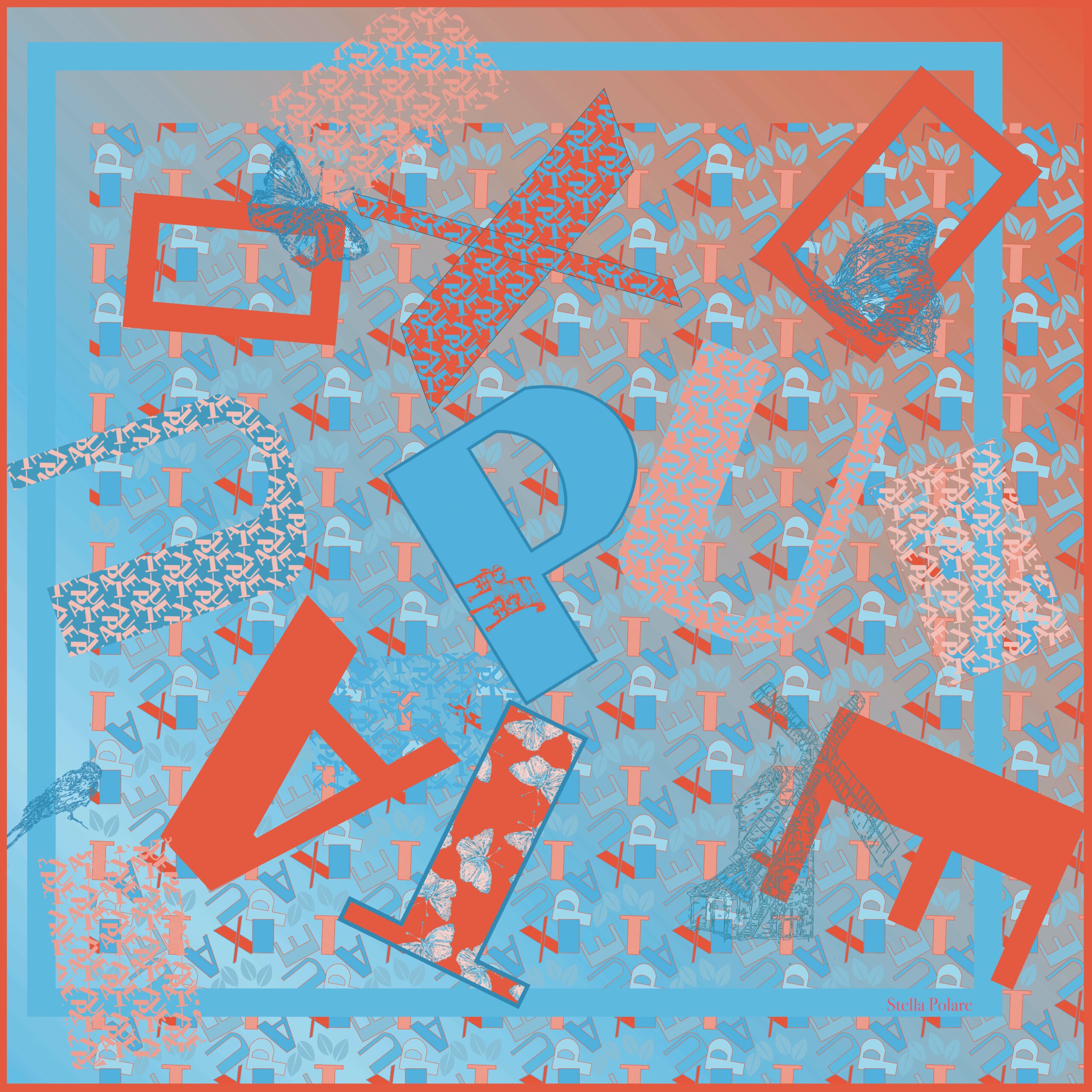 Silk Scarf "Ode to Puteaux": letters blue and orange : limited edition of 50 scarves