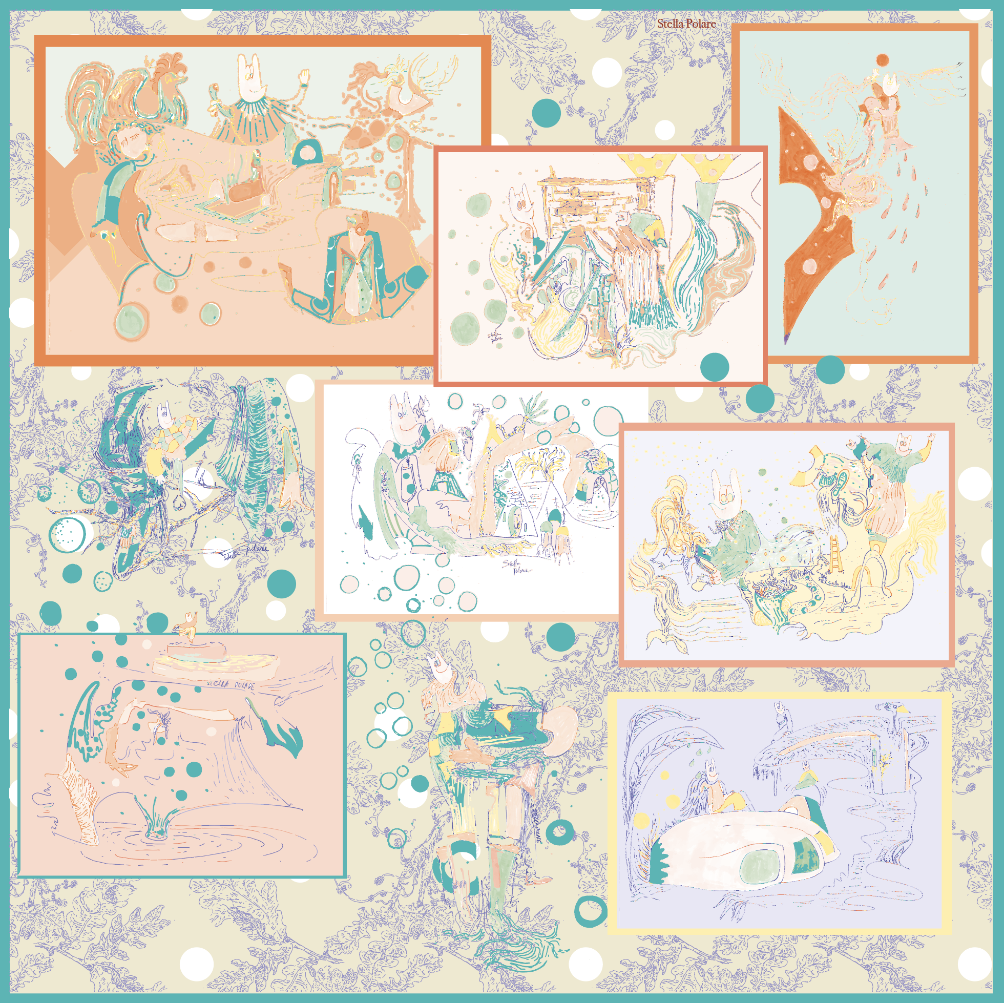 Silk Scarf "Minotaure space N16" red and green by Stella Polare