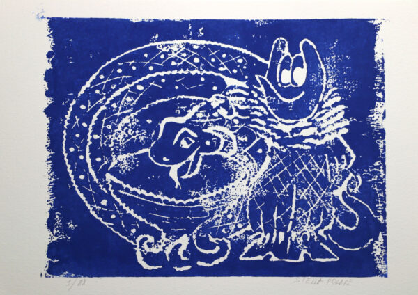 Minotaure and Snake : blue: linogravure