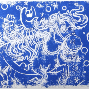 Minotaure and Horse : blue: linogravure