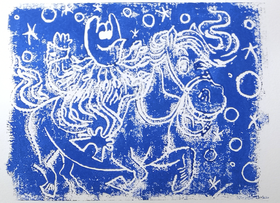 Minotaure and Horse : blue: linogravure