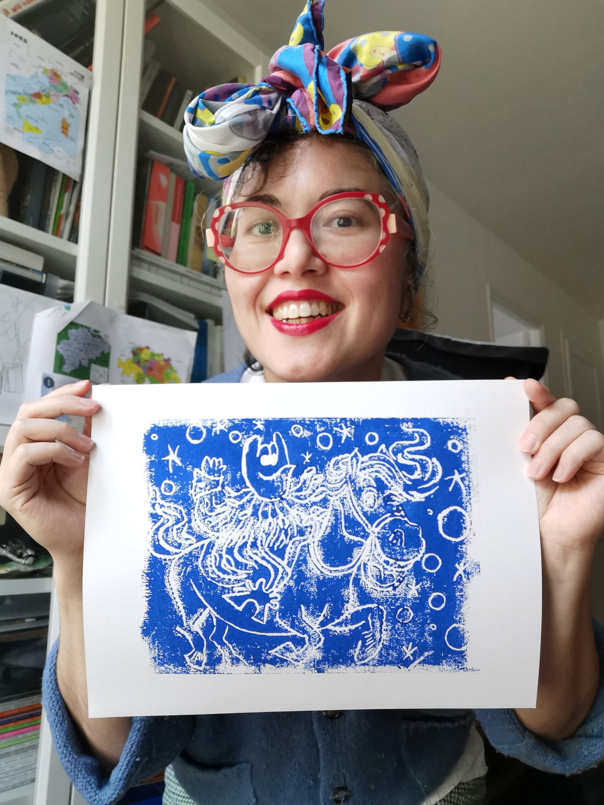 Minotaure and Horse : blue: linogravure - Image 2