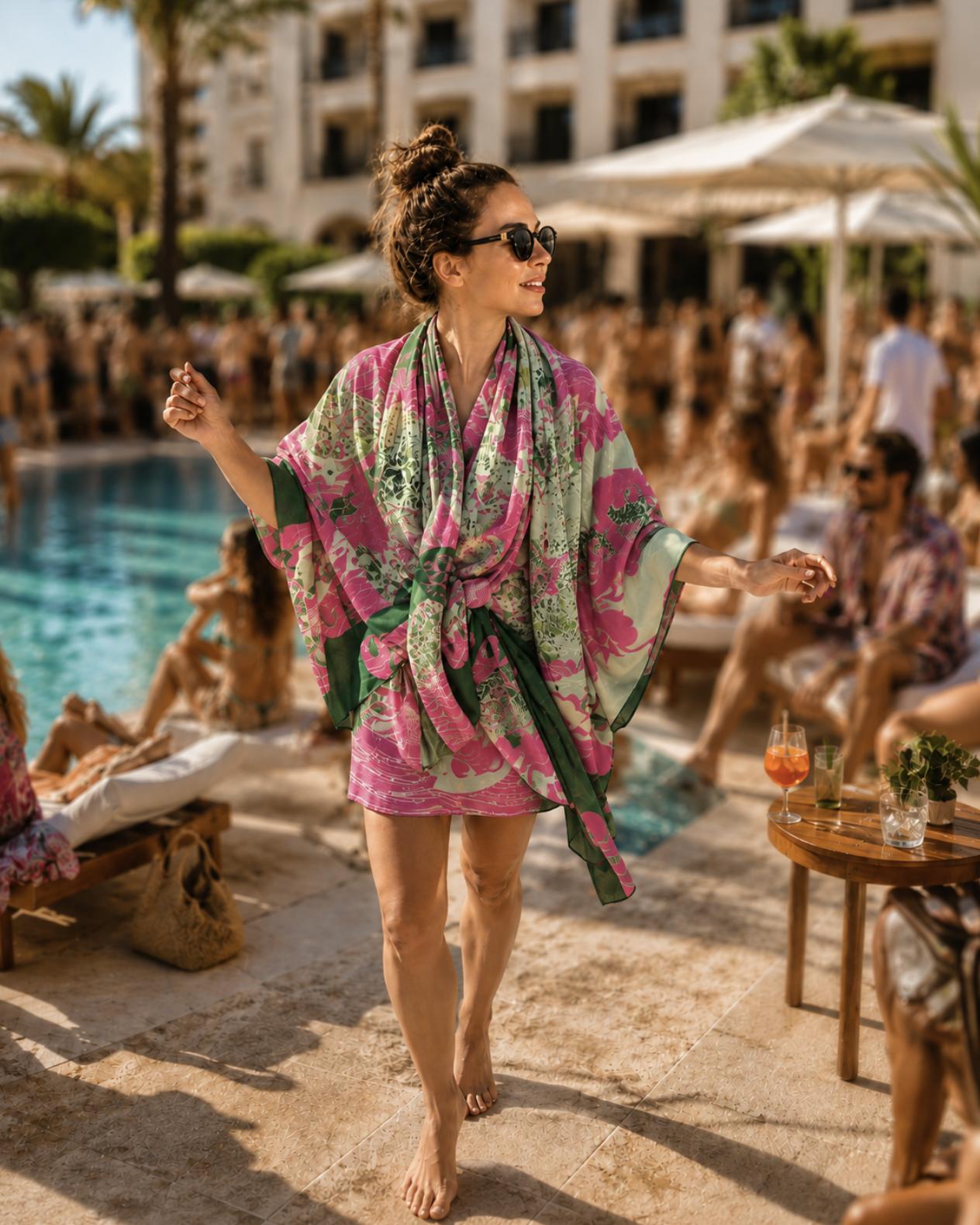 Woman wearing Pareo “Oriental Motifs” 903 by Stella Polare next to the pool
